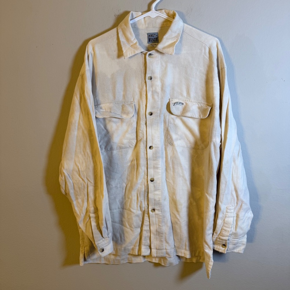 Vintage Rusty‎ Mens Cream Textured Long Sleeve Button Down Surf Shirt Large